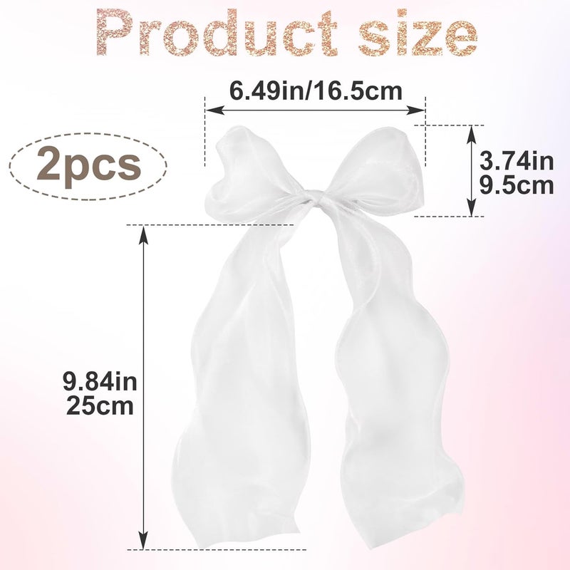 STSTR 2Pcs Large Hair Bow Clips, White Silk Yarn Ribbon Bow Hair Barrette for Women, Elegant Long Tail Bowknot French Hairstylist Accessories for Wedding, Parties, Festivals - Style 3 - Image 2